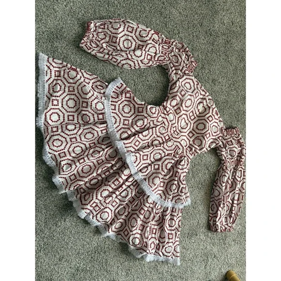 ALEXIS Geometric Embroidered Mini Dress Red White Fringe Balloon Sleeve S - Picture 5 of 6